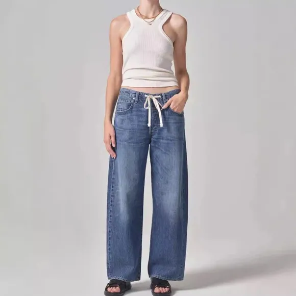 012 - Distressed Loose Denim Pants Drawstring Jeans Dark Blue