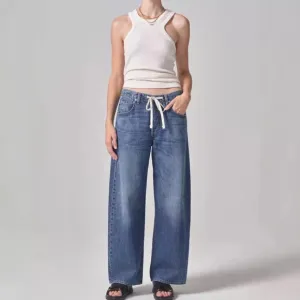 012 - Distressed Loose Denim Pants Drawstring Jeans Dark Blue