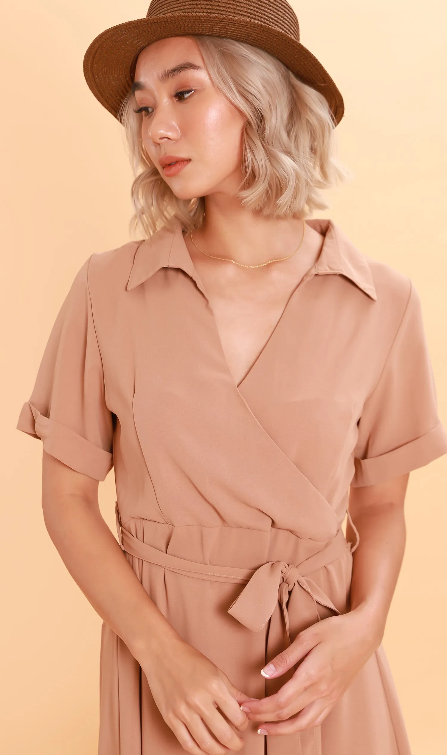 BEATRIX Collared Surplice Dress (Nude)
