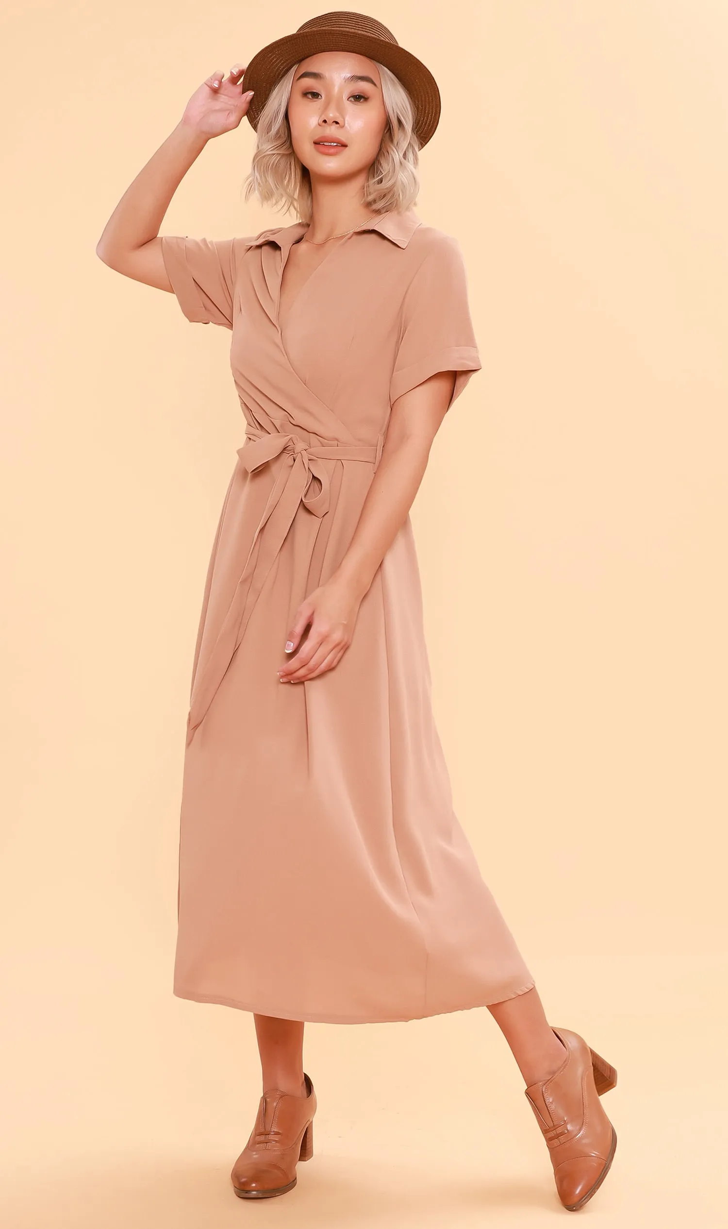 BEATRIX Collared Surplice Dress (Nude)
