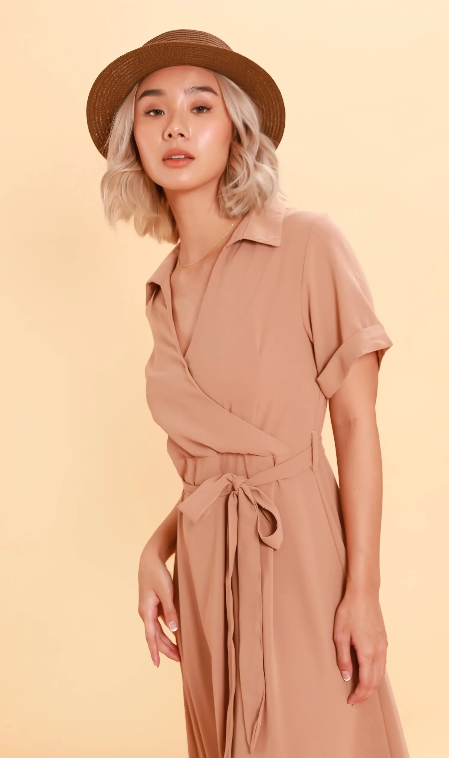 BEATRIX Collared Surplice Dress (Nude)