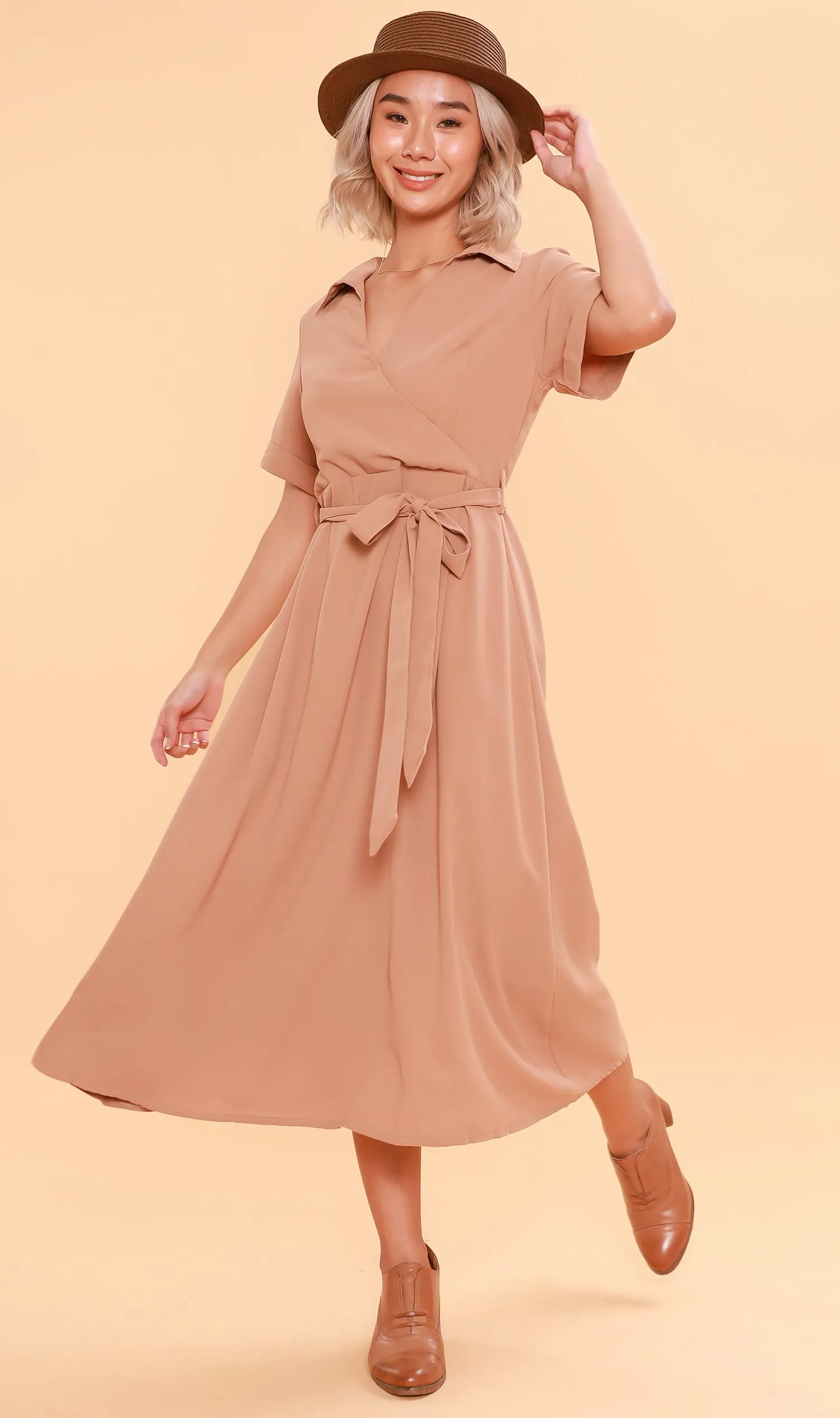 BEATRIX Collared Surplice Dress (Nude)