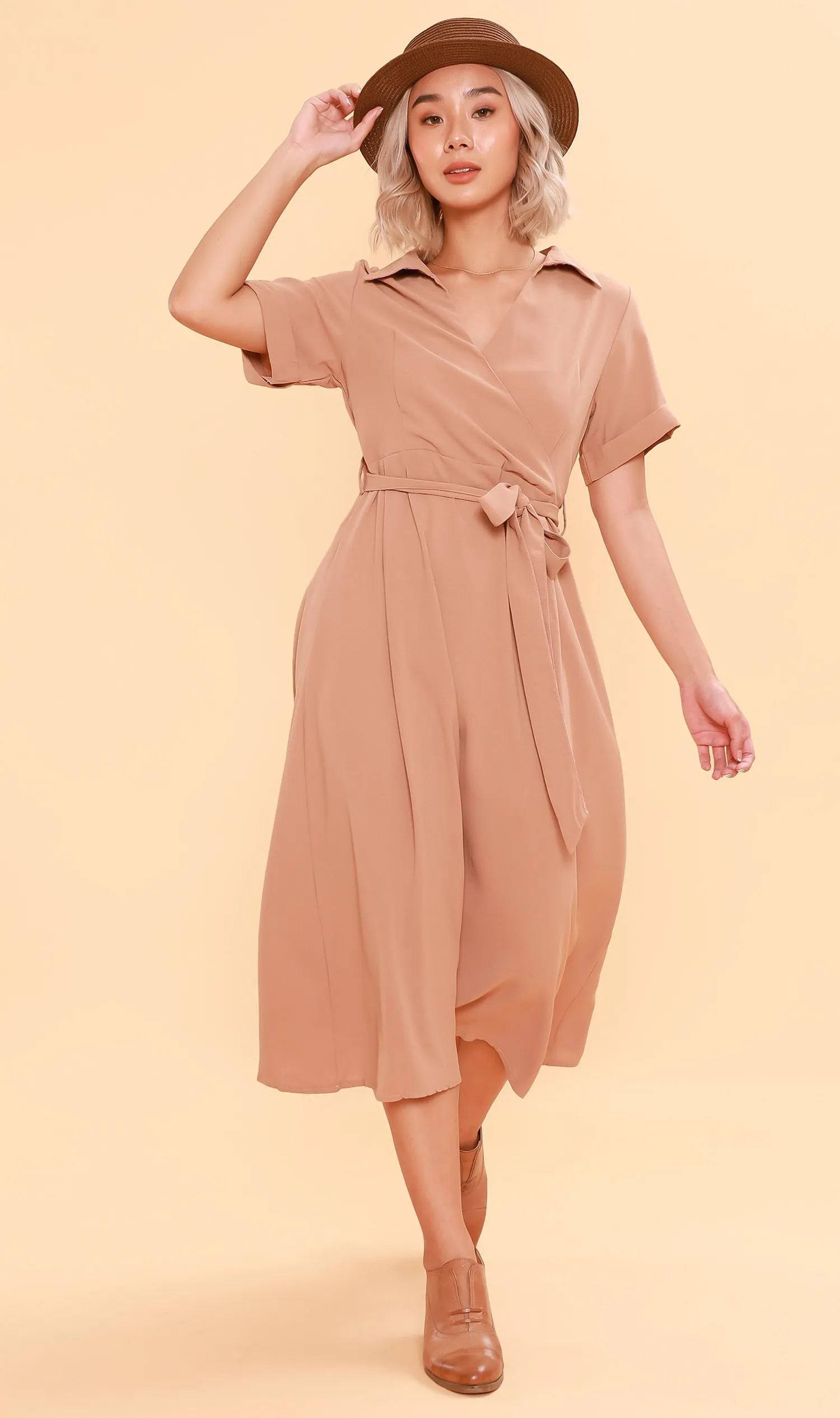 BEATRIX Collared Surplice Dress (Nude)