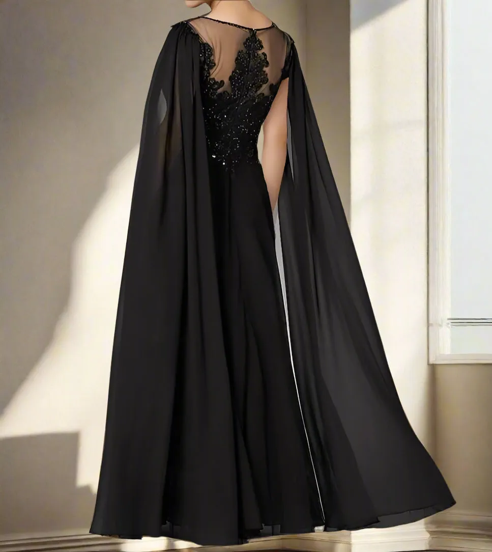 Black Split Appliques Floor Length Chiffon A-Line Mother of the Bride Dress