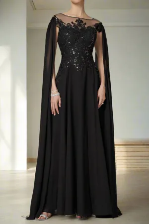 Black Split Appliques Floor Length Chiffon A-Line Mother of the Bride Dress