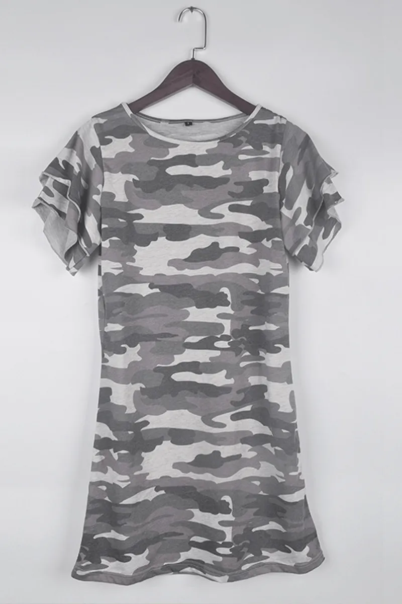 Camouflage Army Green Ruffle Sleeves Dress