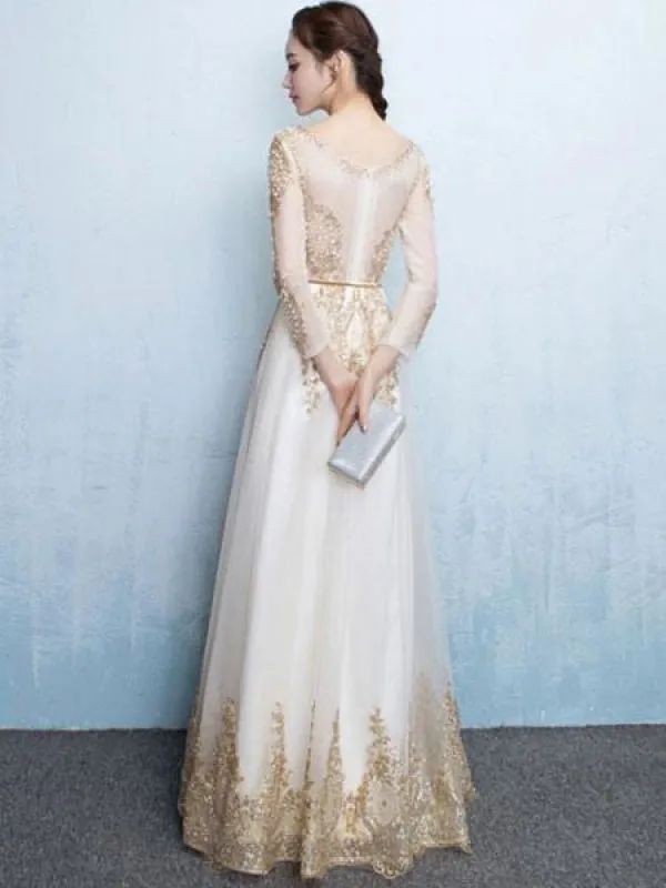 Champagne Evening Dress Lace Beading Long Prom Dress Illusion Long Sleeve A Line Floor Length Formal Dress Wedding Guest Dress