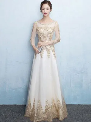 Champagne Evening Dress Lace Beading Long Prom Dress Illusion Long Sleeve A Line Floor Length Formal Dress Wedding Guest Dress