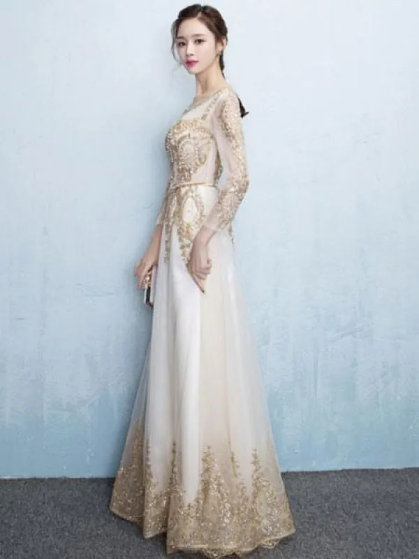 Champagne Evening Dress Lace Beading Long Prom Dress Illusion Long Sleeve A Line Floor Length Formal Dress Wedding Guest Dress