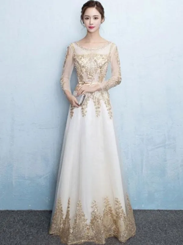 Champagne Evening Dress Lace Beading Long Prom Dress Illusion Long Sleeve A Line Floor Length Formal Dress Wedding Guest Dress