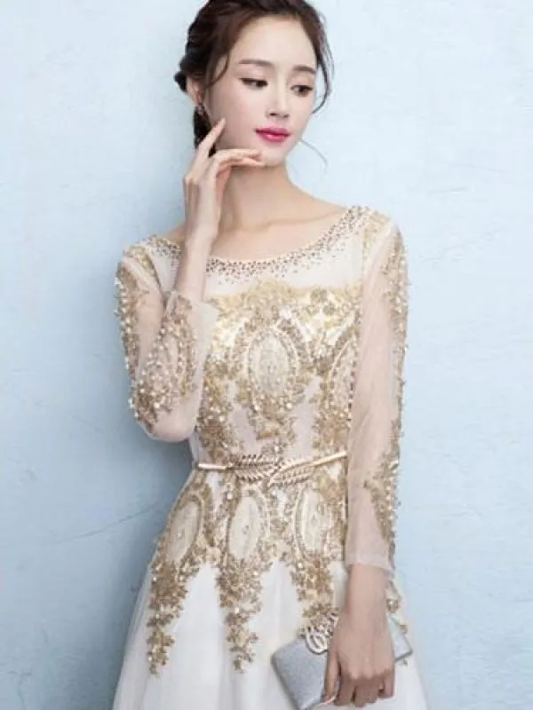 Champagne Evening Dress Lace Beading Long Prom Dress Illusion Long Sleeve A Line Floor Length Formal Dress Wedding Guest Dress