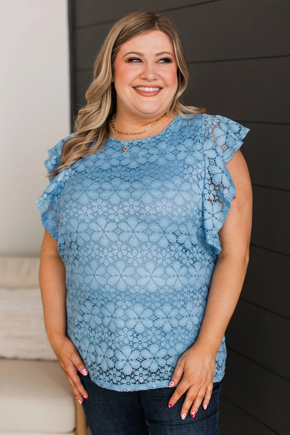 Effortless Allure Floral Lace Top- Denim Blue