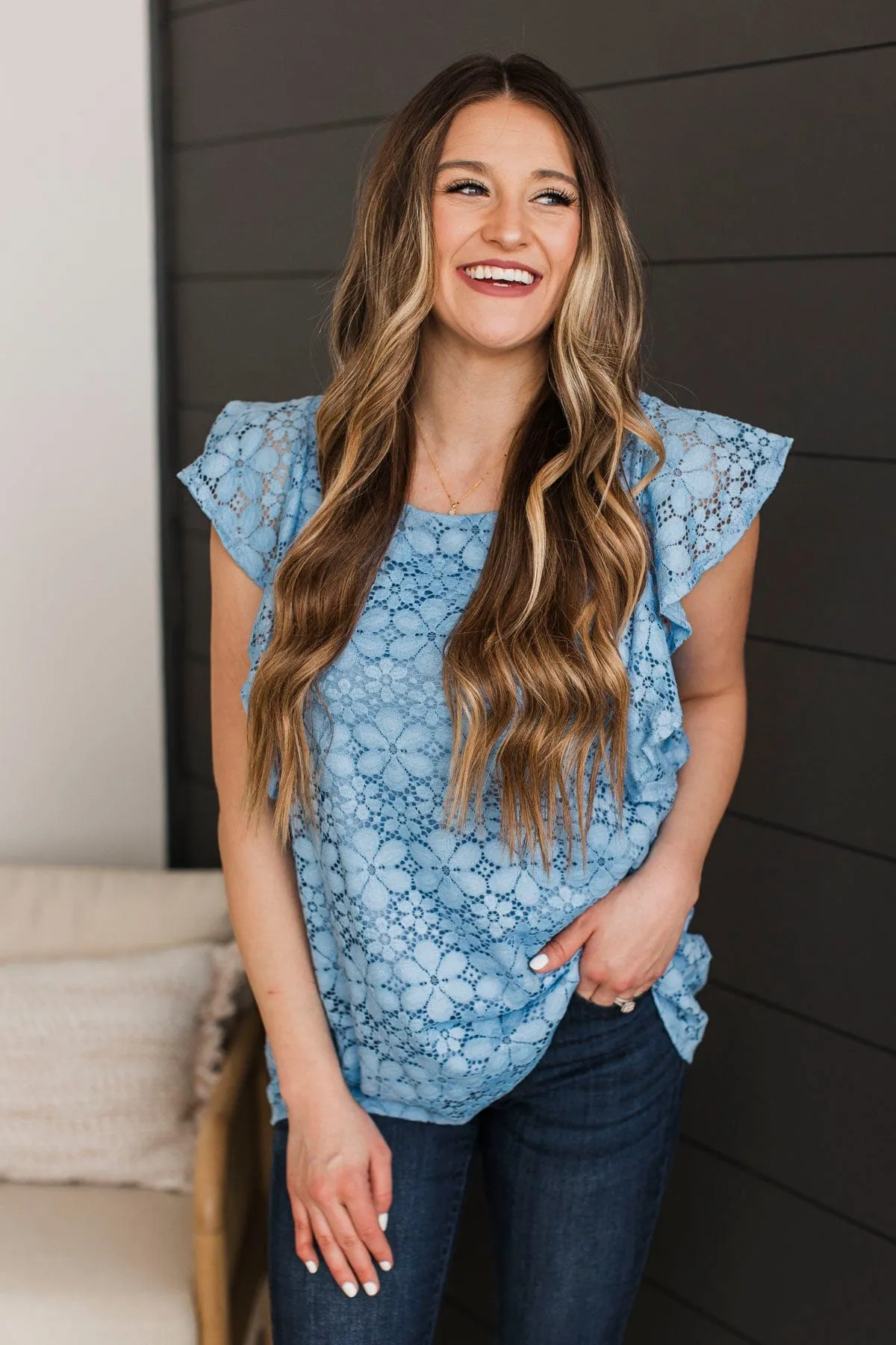 Effortless Allure Floral Lace Top- Denim Blue