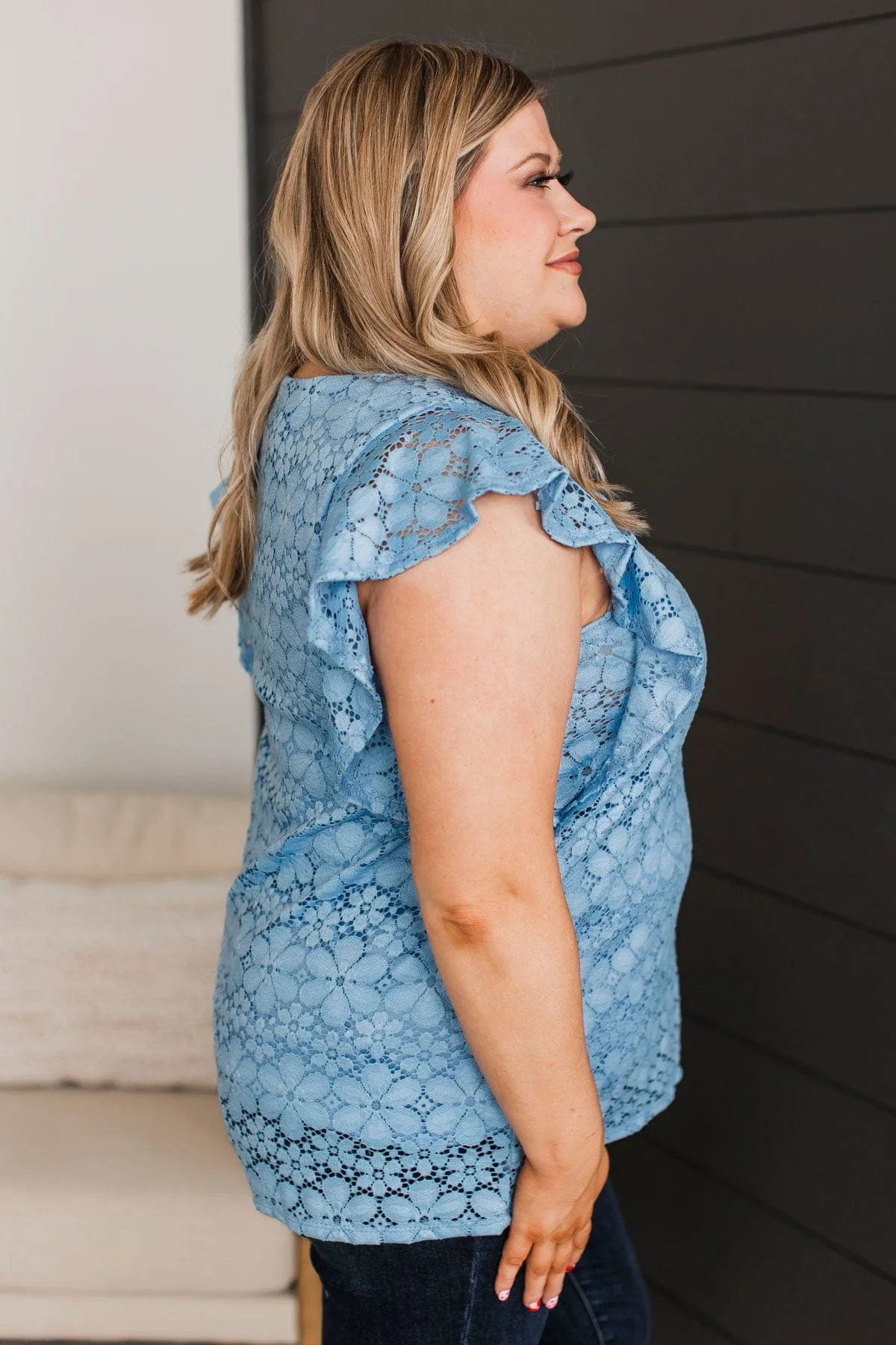 Effortless Allure Floral Lace Top- Denim Blue