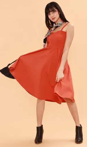 GENEVIEVE Smocked Midi Dress (Fire Orange)