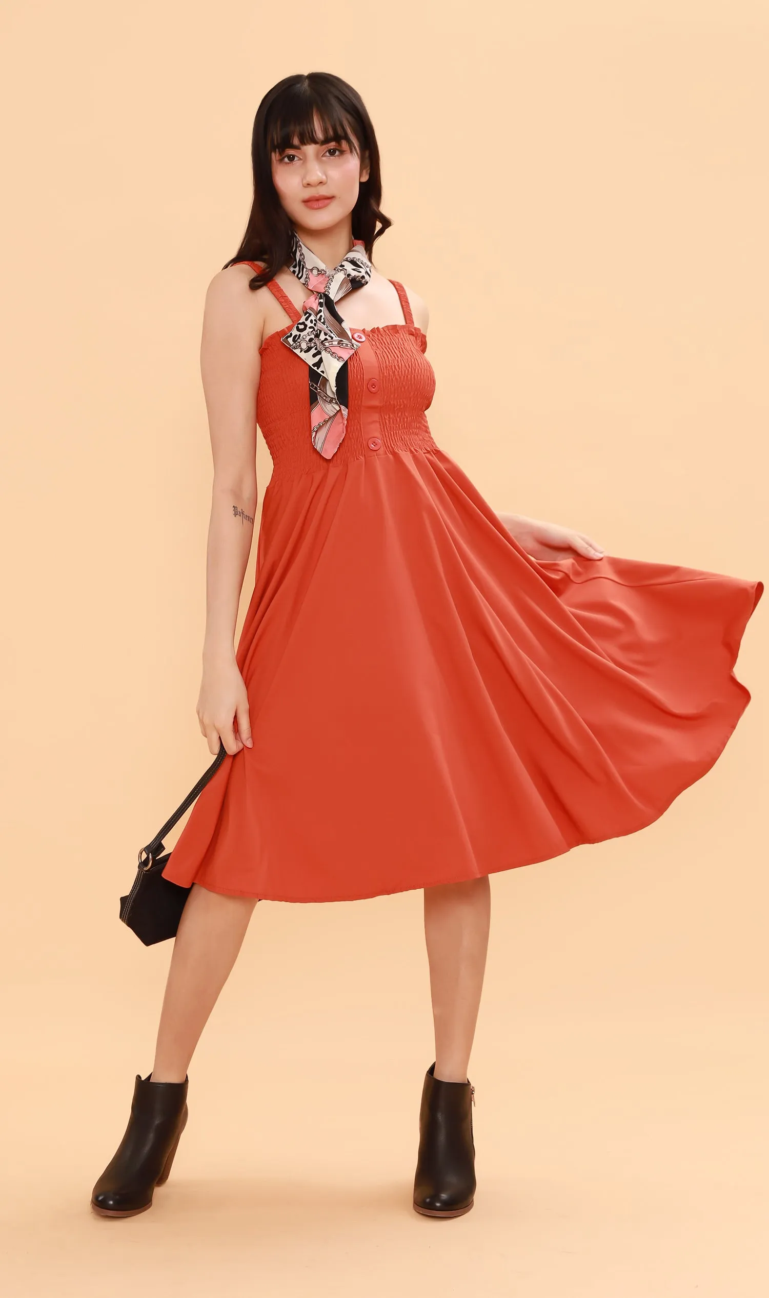 GENEVIEVE Smocked Midi Dress (Fire Orange)