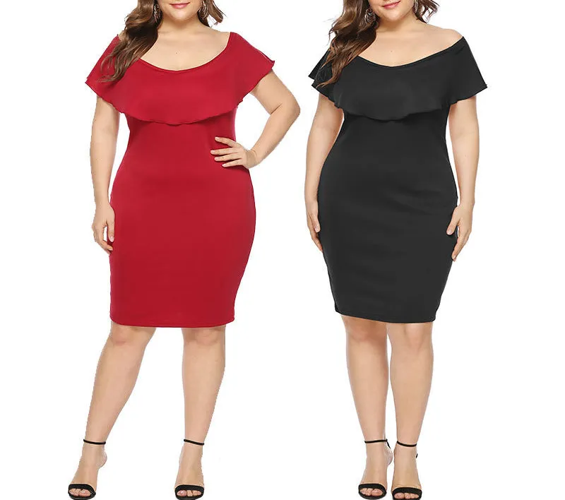 Large Size Word Collar Ruffled Slim Dress