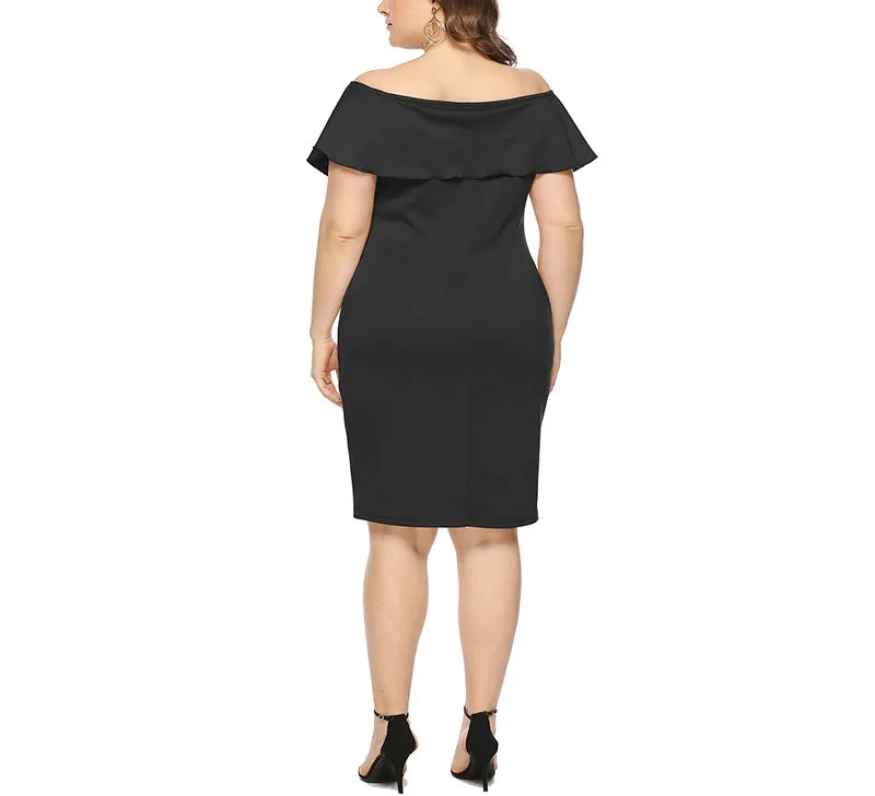 Large Size Word Collar Ruffled Slim Dress