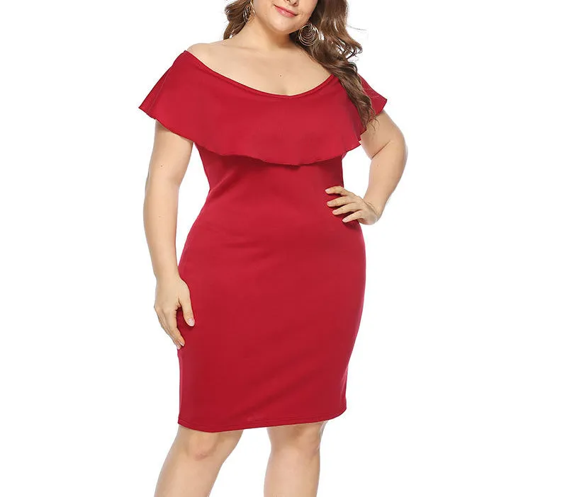 Large Size Word Collar Ruffled Slim Dress