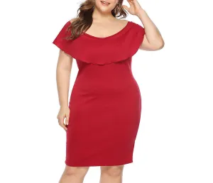 Large Size Word Collar Ruffled Slim Dress