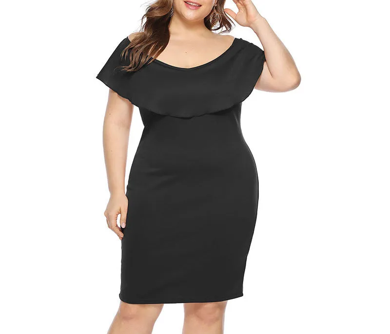 Large Size Word Collar Ruffled Slim Dress
