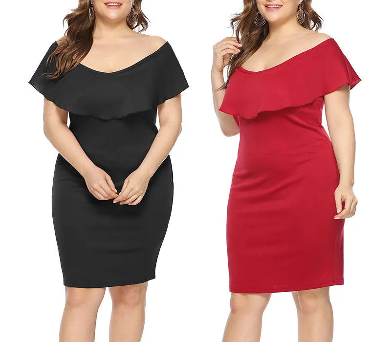 Large Size Word Collar Ruffled Slim Dress