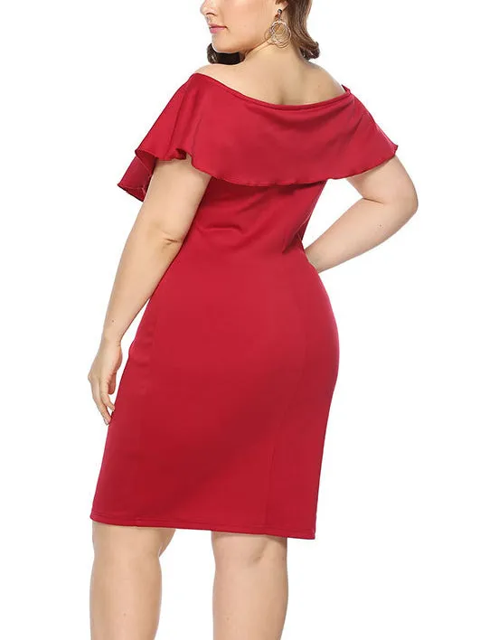Large Size Word Collar Ruffled Slim Dress