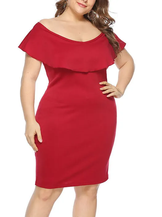 Large Size Word Collar Ruffled Slim Dress
