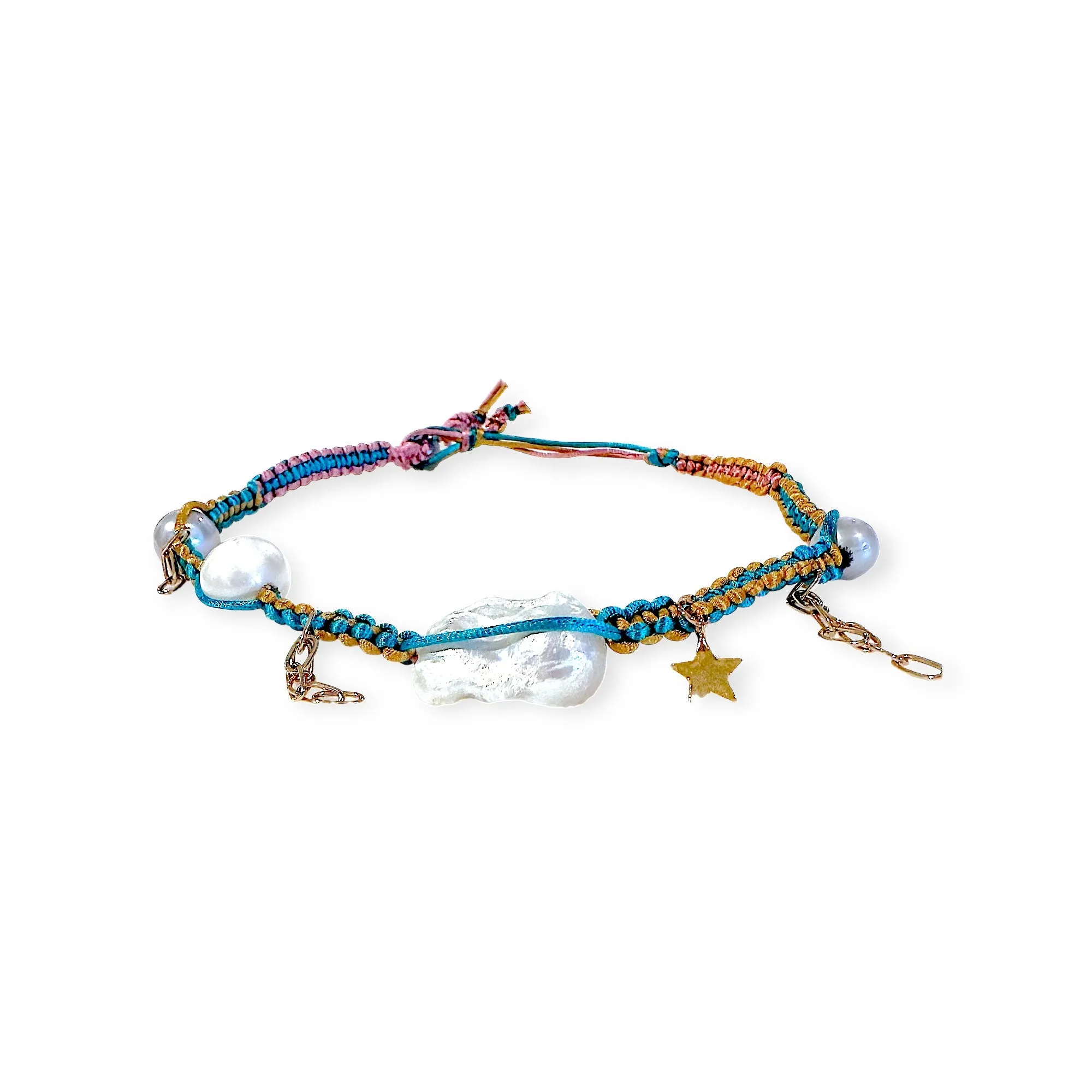 METALLIC DREAM SKY BAROQUE PEARL DIAMOND GOLD STAR AND CHAIN SILK ROCKER CHOKER