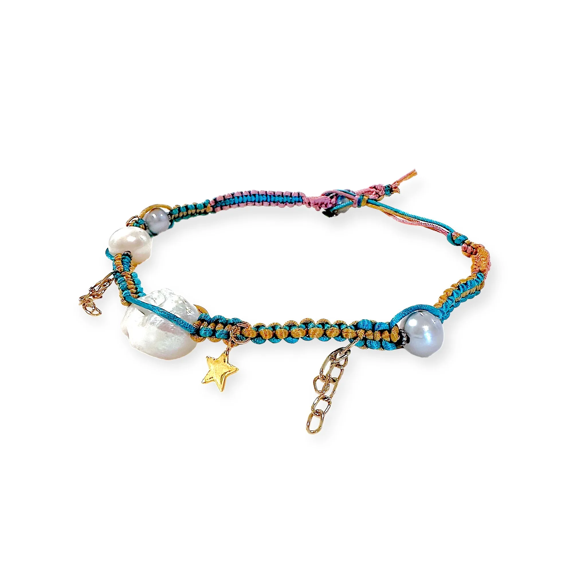 METALLIC DREAM SKY BAROQUE PEARL DIAMOND GOLD STAR AND CHAIN SILK ROCKER CHOKER