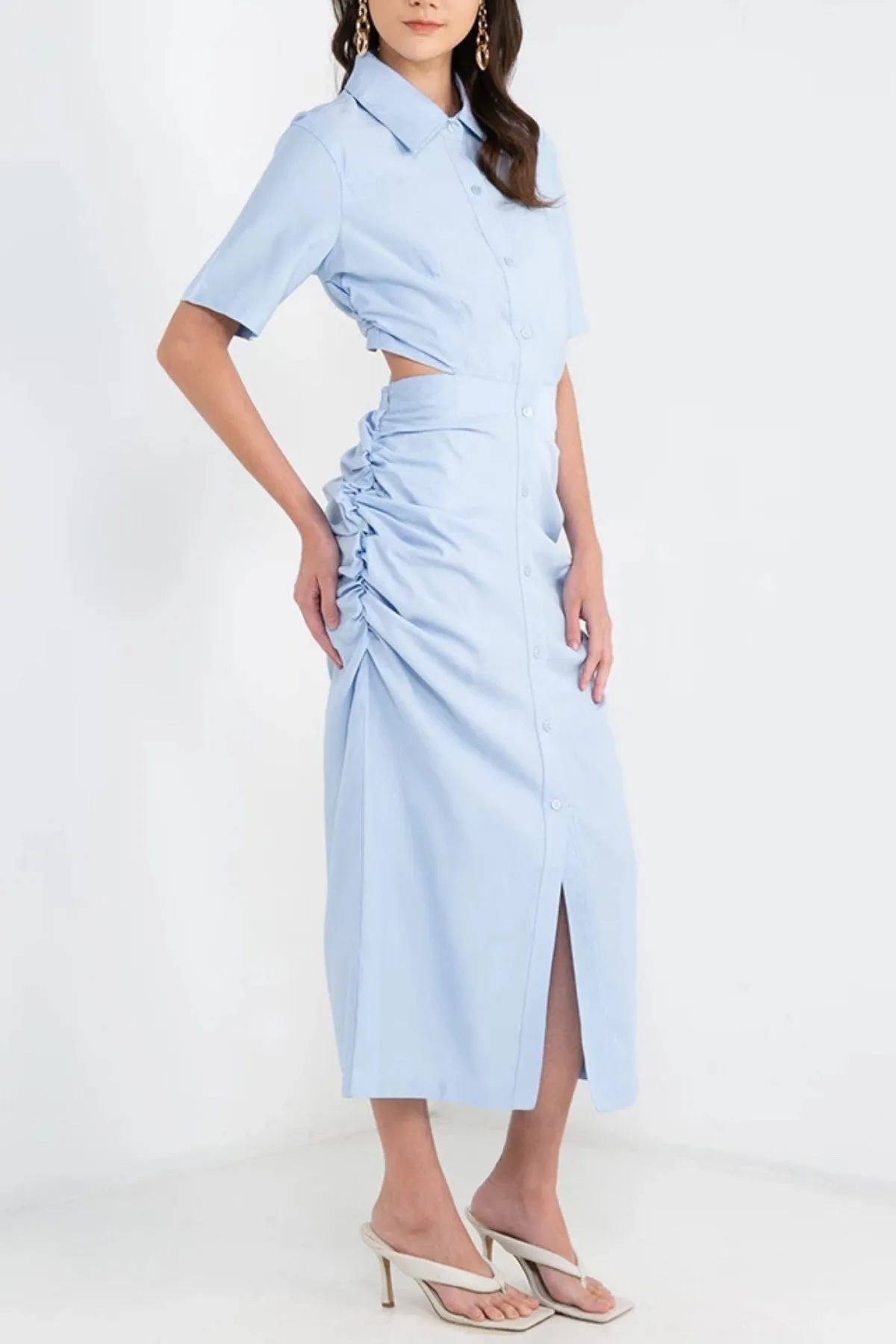 OAKLEY Open-Back Button-Down Ruched Sides Midi Dress (Powder Blue)