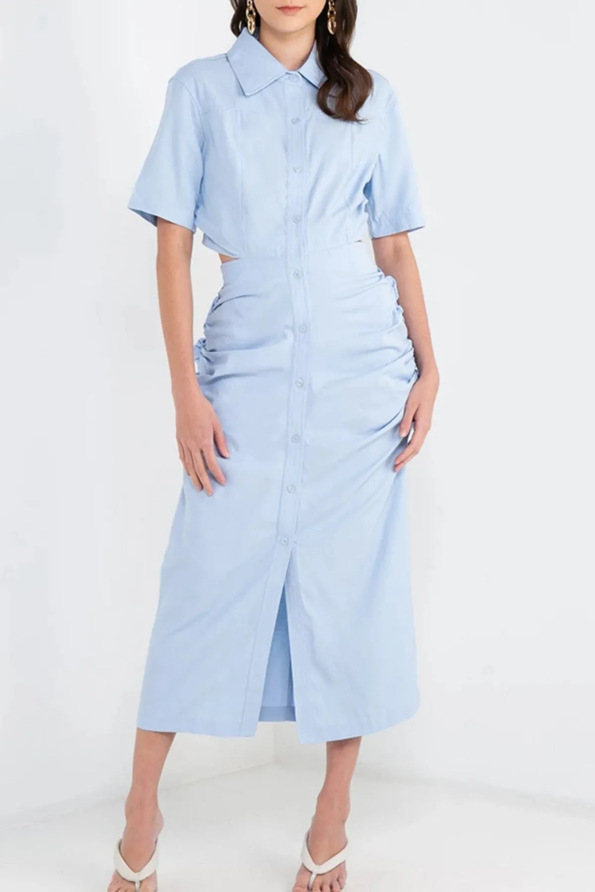 OAKLEY Open-Back Button-Down Ruched Sides Midi Dress (Powder Blue)