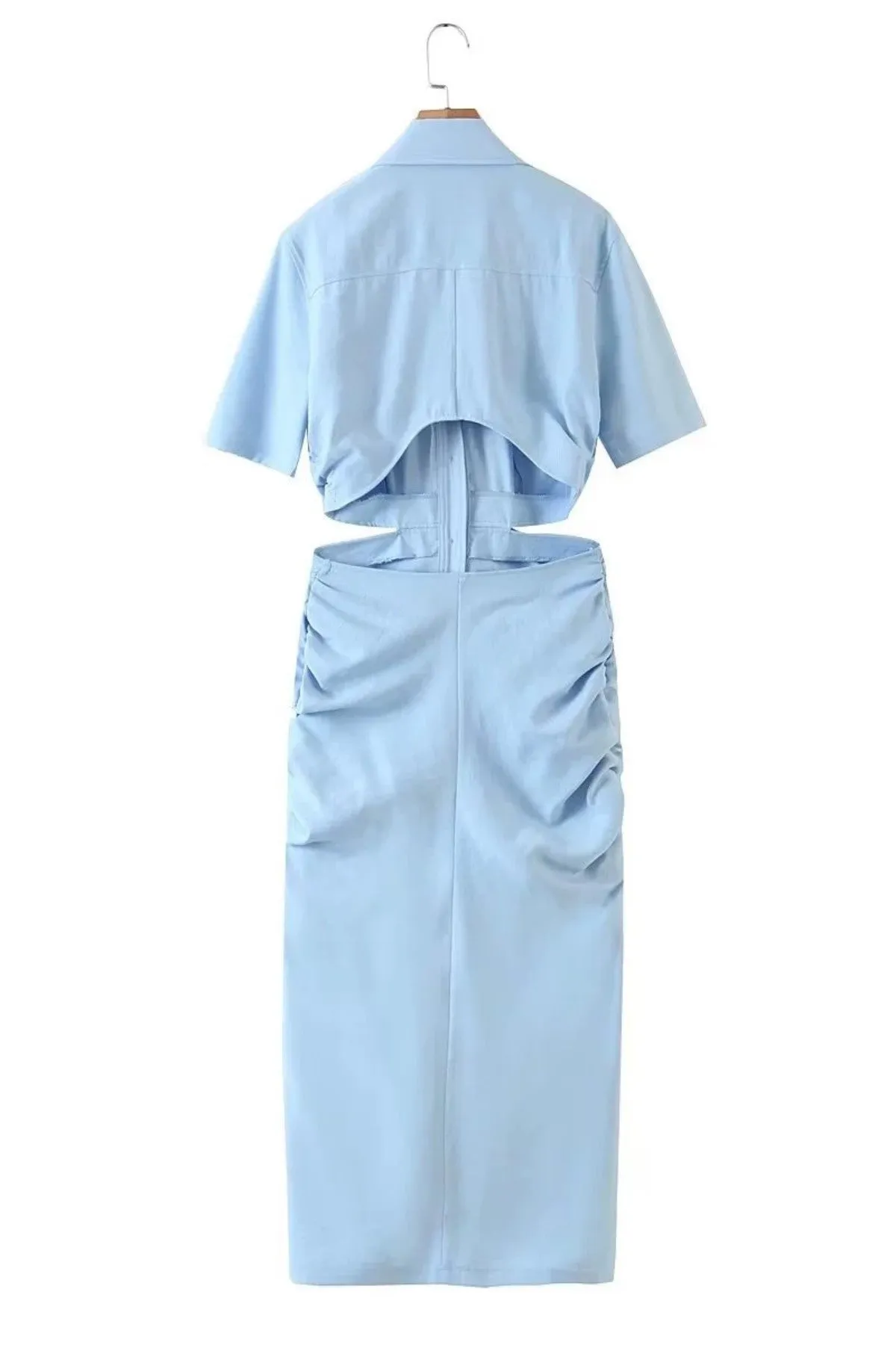 OAKLEY Open-Back Button-Down Ruched Sides Midi Dress (Powder Blue)
