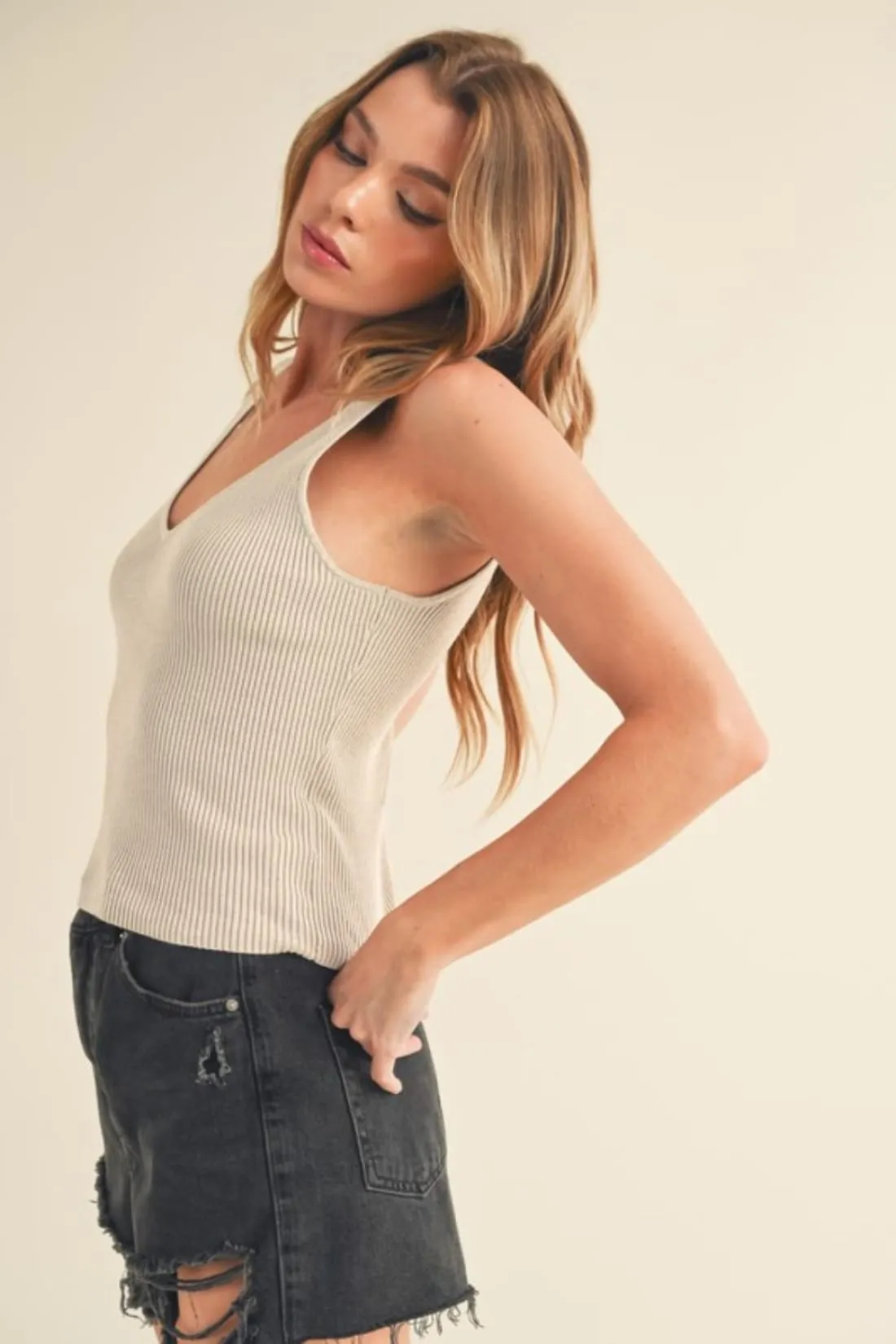 Ribbed Wide Strap Knit Tank in Pearl