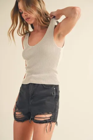 Ribbed Wide Strap Knit Tank in Pearl