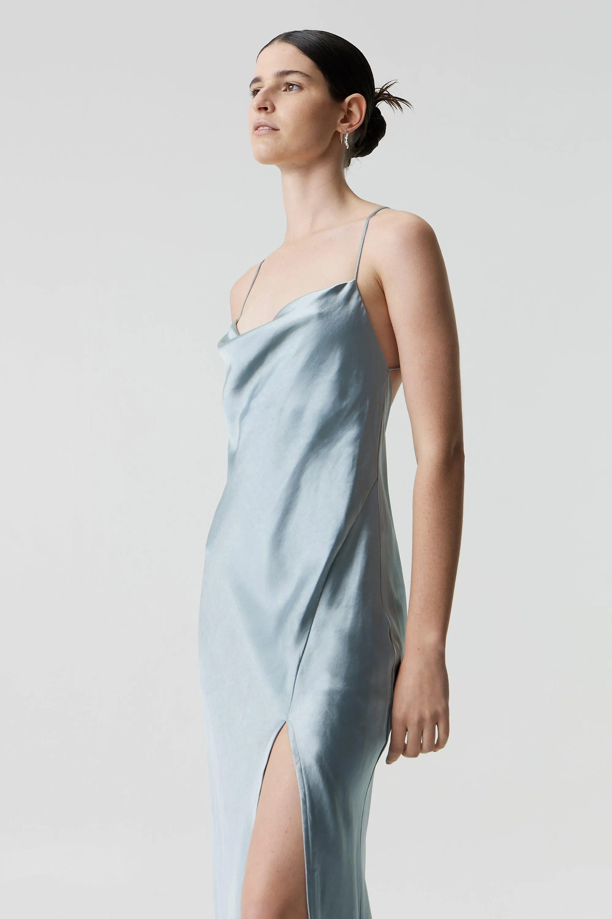 SATIN SPLIT SLIP MAXI DRESS | WAVE