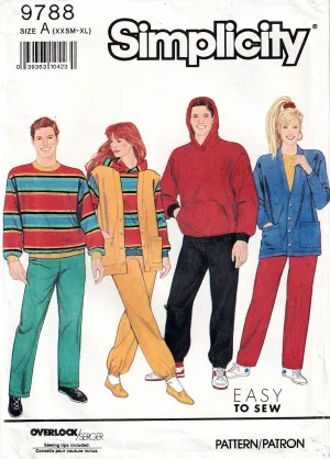 Simplicity 9788 Mens Womens Teens Unisex Stretch Knit Pants Hoodie Vest & Top 1990s Vintage Sewing Pattern Size XS - XL UNCUT Factory Folded