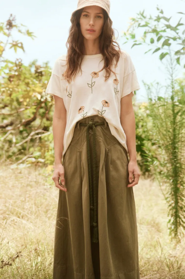 The Boxy Crew with Sunflower Embroidery, Washed White