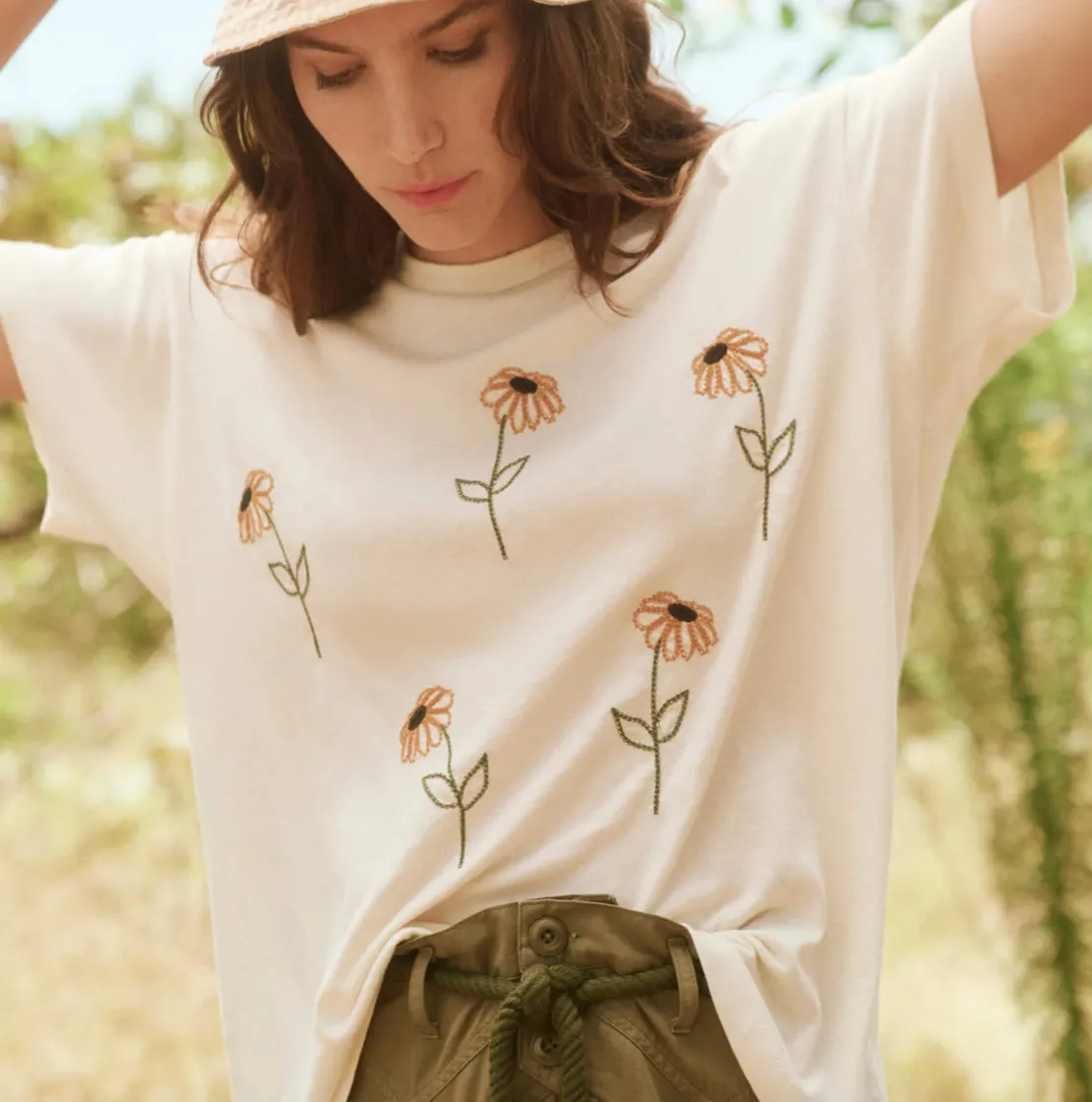 The Boxy Crew with Sunflower Embroidery, Washed White