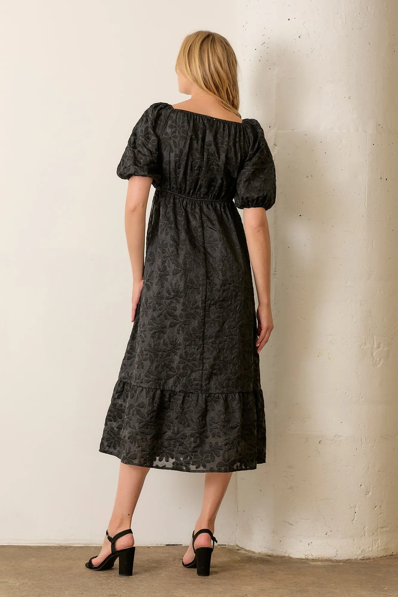 TIERED PUFF MIDI DRESS