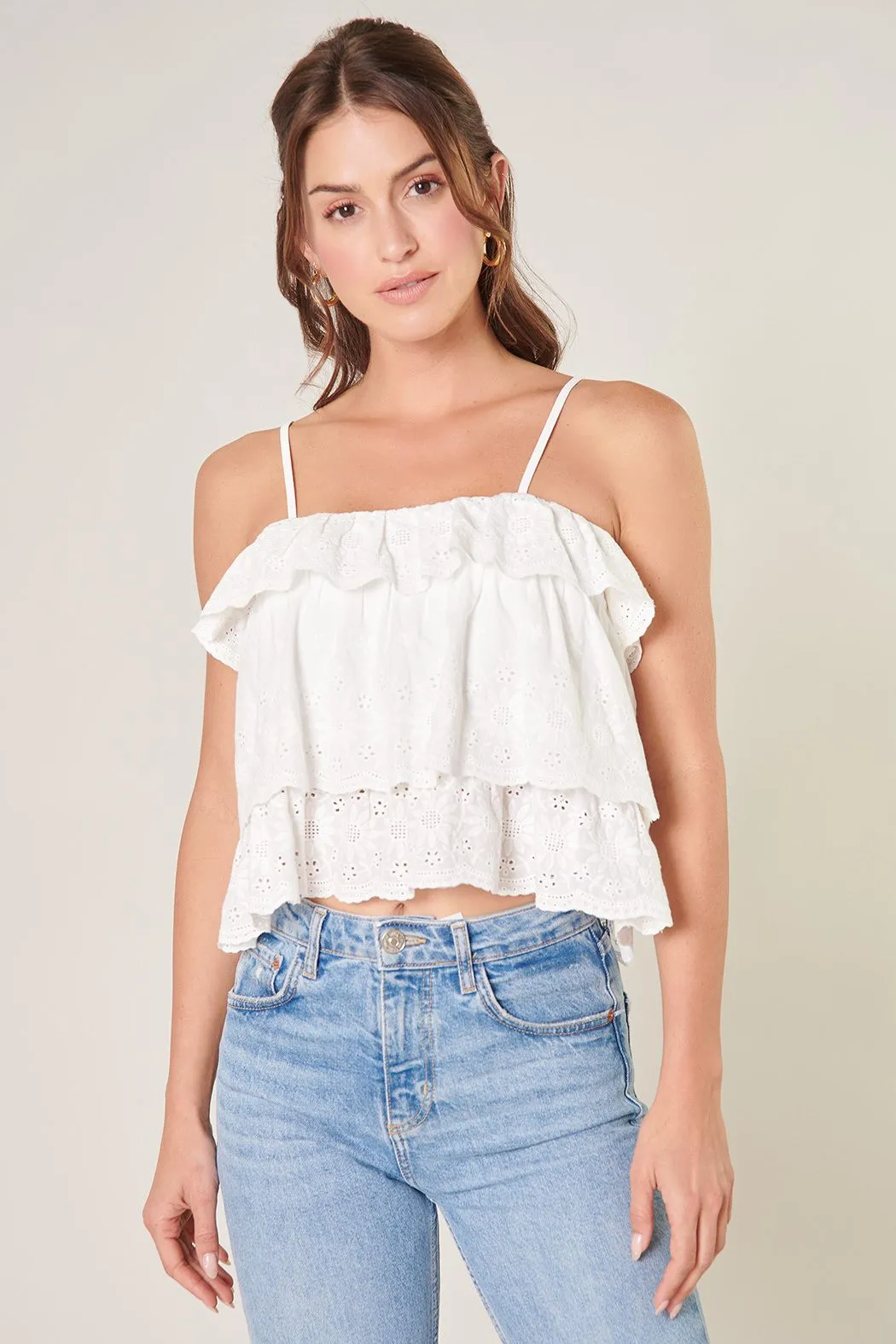 Tiered Ruffle Eyelet Crop Top