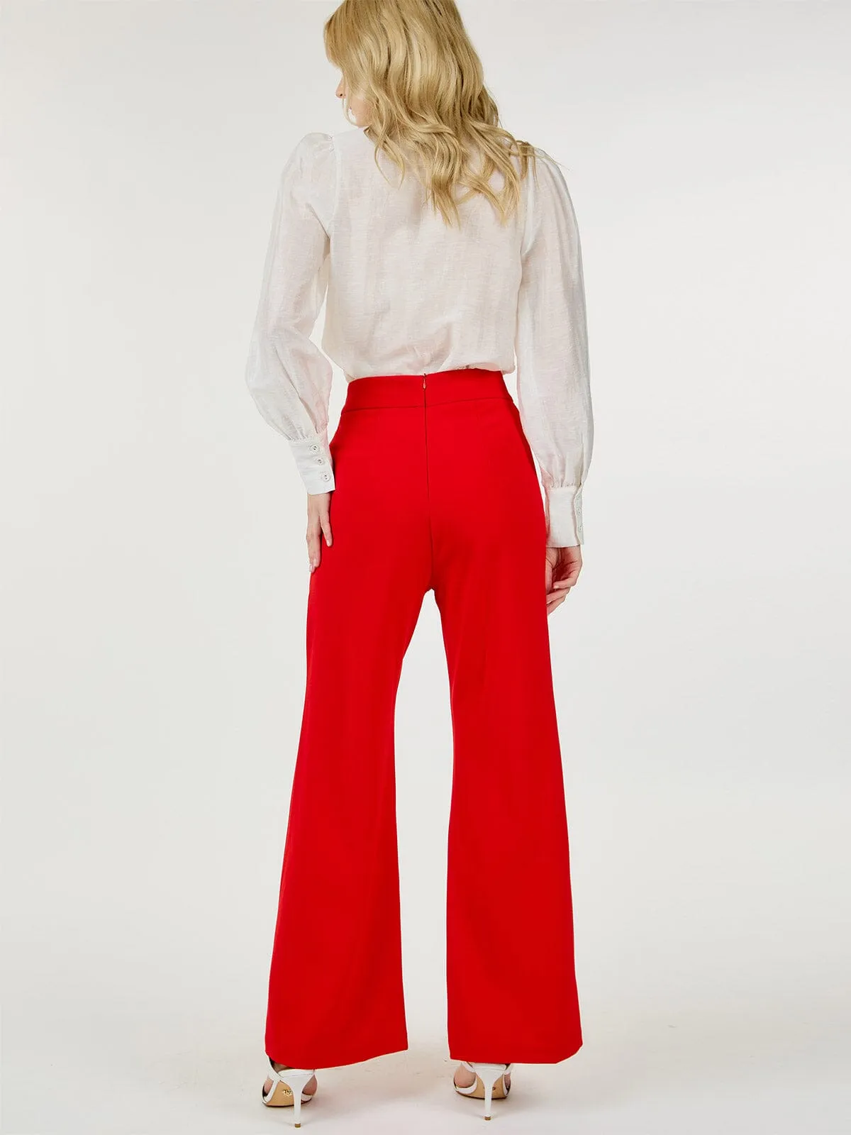 WOMEN'S BUTTON CLOSURE FRONT POCKETS WIDE LEG PANTS