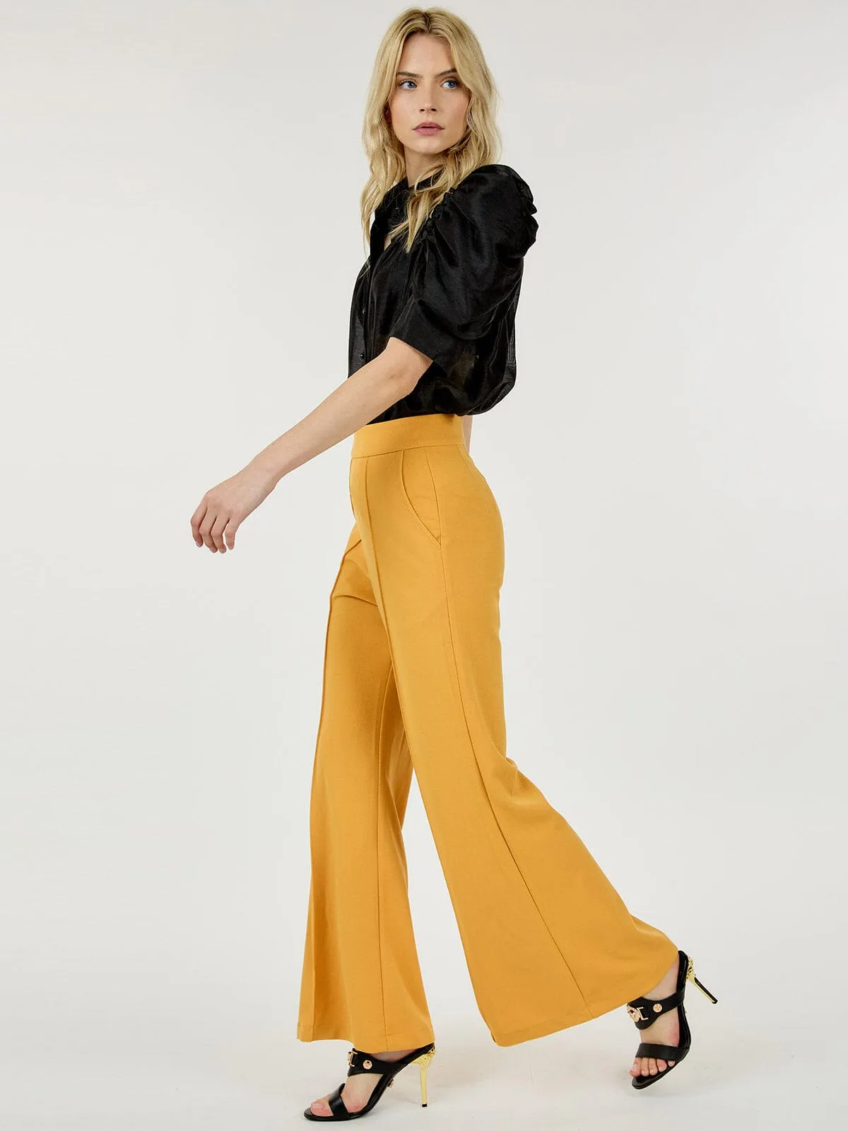 WOMEN'S BUTTON CLOSURE FRONT POCKETS WIDE LEG PANTS
