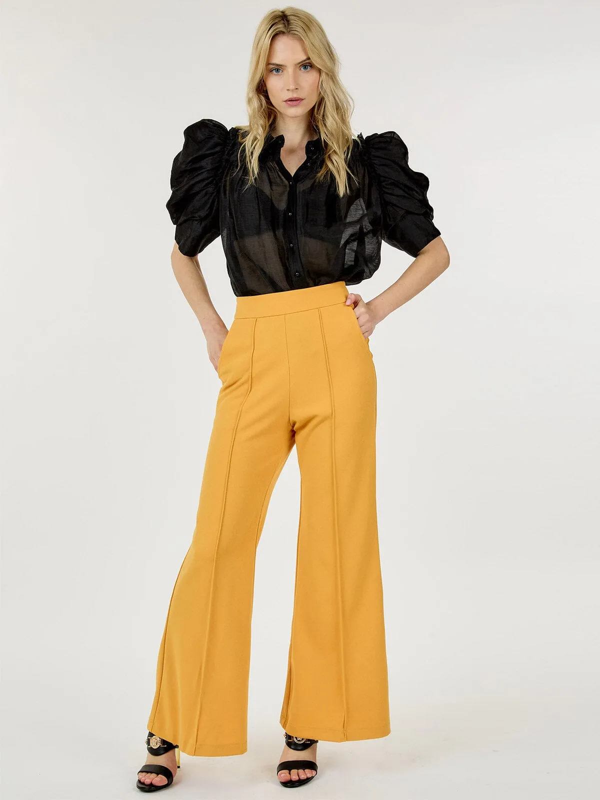 WOMEN'S BUTTON CLOSURE FRONT POCKETS WIDE LEG PANTS
