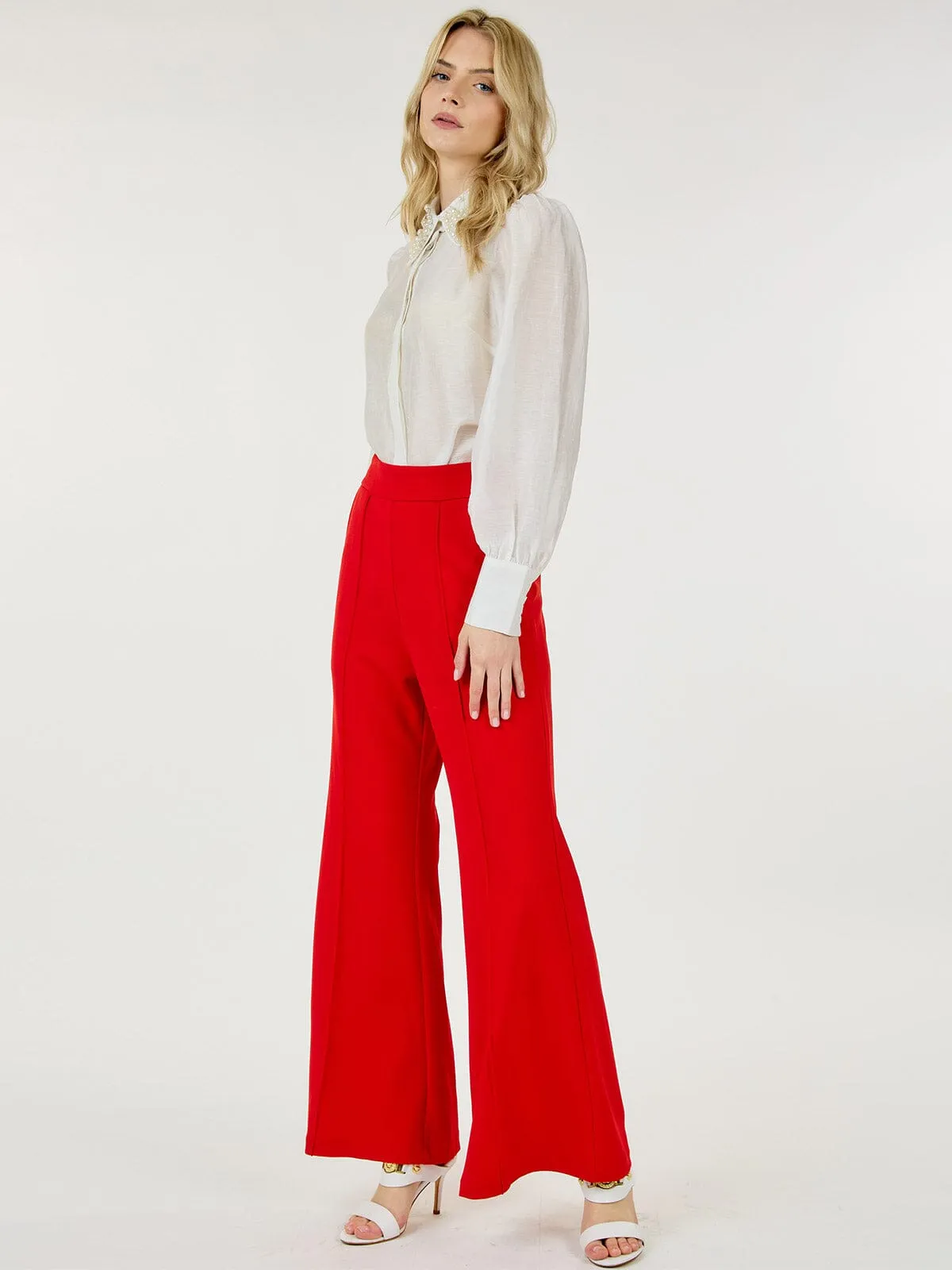 WOMEN'S BUTTON CLOSURE FRONT POCKETS WIDE LEG PANTS