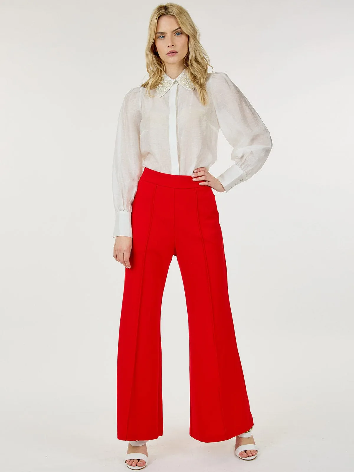 WOMEN'S BUTTON CLOSURE FRONT POCKETS WIDE LEG PANTS