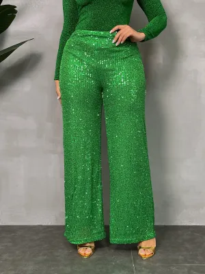 WP8519P - SEQUINED WIDE LEG SIDE ZIP PANTS