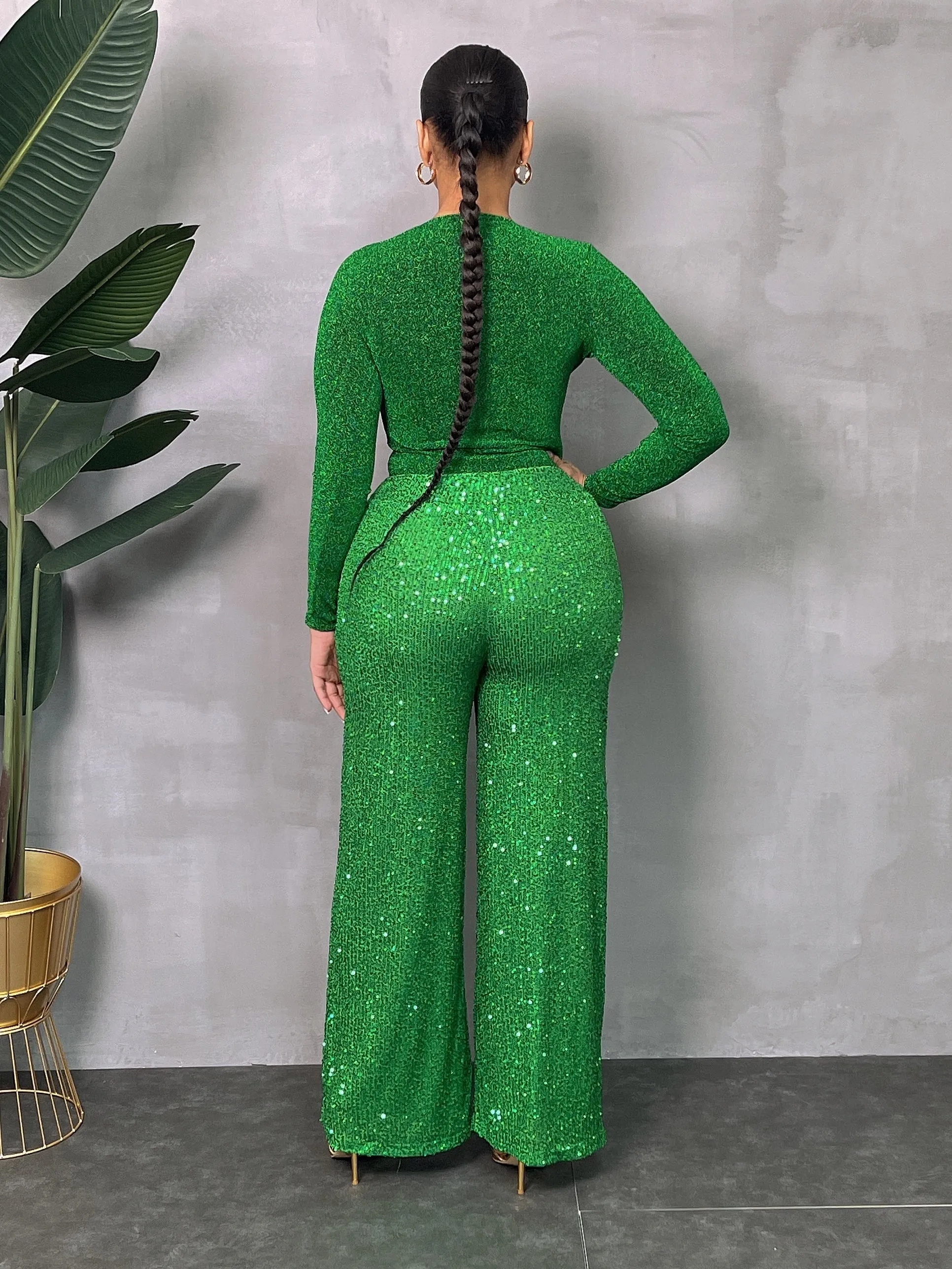 WP8519P - SEQUINED WIDE LEG SIDE ZIP PANTS