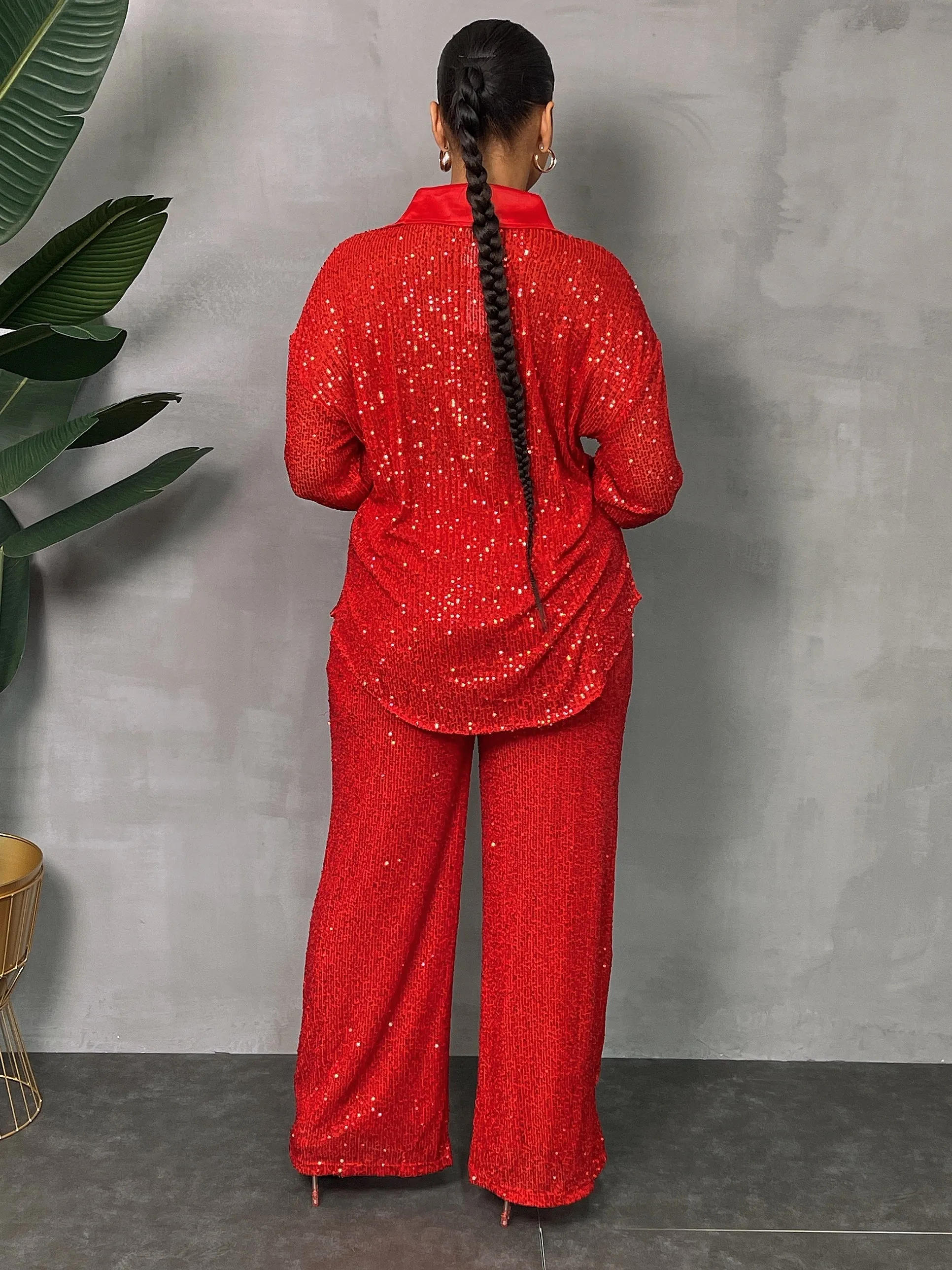 WP8519P - SEQUINED WIDE LEG SIDE ZIP PANTS